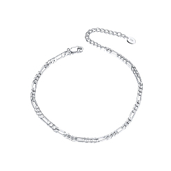 Real Platinum Plated Rhodium Plated 925 Sterling Silver Figaro Chain Anklet, Women's Jewelry for Summer Beach, with S925 Stamp, Real Platinum Plated, 8-1/4 inch(21cm)