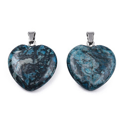 Dark Turquoise Natural Map Stone Pendants, with Stainless Steel Color Tone Stainless Steel Snap On Bails, Heart Charm, Dyed & Heated, Dark Turquoise, 22~22.5x20~20.5x6mm, Hole: 2.5x5mm