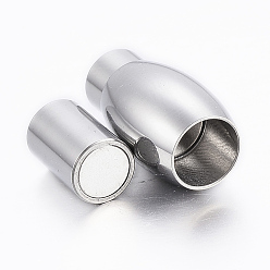 Stainless Steel Color Smooth 304 Stainless Steel Magnetic Clasps with Glue-in Ends, Oval, Stainless Steel Color, 18x7.5mm, Hole: 4mm