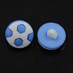 Bleu Bleuet Thème sportif, Boutons shank acryliques, 1-trou, teint, ballon de football / soccer, bleuet, 16x4mm, Trou: 4x2mm