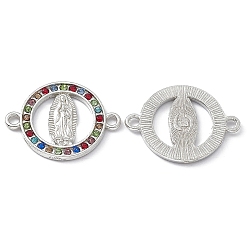 Platinum Religion Alloy Connector Charms, with Colorful Rhinestone, Flat Round Links with Virgin Pattern, Platinum, 18x24x2mm, Hole: 1.8mm