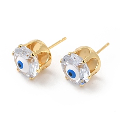 White Flat Round Glass with Enamel Evil Eye Stud Earrings, Real 18K Gold Plated Brass Jewelry for Women, White, 11mm, Pin: 0.8mm
