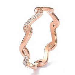 Rose Gold Ion Plating(IP) 304 Stainless Steel Finger Rings, with Crystal Rhinestone, Wave, Rose Gold, US Size 6~9(16.5~18.9mm)
