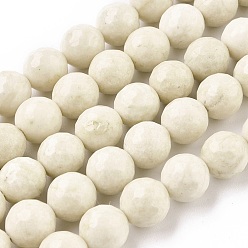 Beige Natural Fossil Round Bead Strands, Faceted, Beige, 10mm, Hole: 1mm, about 37pcs/strand, 15.5 inch