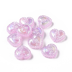 Pearl Pink UV Plating Rainbow Iridescent Acrylic Beads, Heart with Rose Flower, Pearl Pink, 25x27.5x9.2mm, Hole: 3.6mm