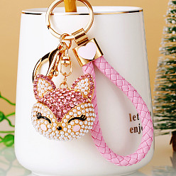 Pink Full Rhinestone Pearl Fox Head Pendant Keychain, with Zinc Alloy Findings and Polyester Cord, for Women's Bag Pendant Decorations, Pink, 100mm