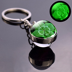 Vert Porte-clés en verre d'alliage lumineux, avec porte-clés, rond avec trèfle, verte, 8x2 cm
