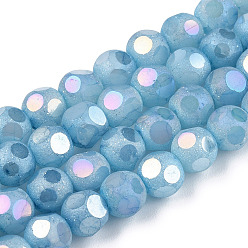 Sky Blue Opaque Frosted Glass Beads Strands, AB Color Plated, Faceted, Round, Sky Blue, 6.5x6mm, Hole: 1.5mm, about 70pcs/strand, 16.38 inch(41.6cm)