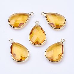 Amarillo Colgantes de lágrima de vidrio de latón dorado, facetados, amarillo, 18x10x5 mm, agujero: 2 mm