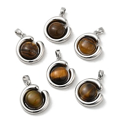 Real Platinum Plated Natural Tiger Eye Pendants, Brass Half Round Charms, Real Platinum Plated, 19x16x6mm, Hole: 4x3mm