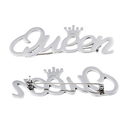 Stainless Steel Color 201 Stainless Steel Word Queen with Crown Lapel Pin, Creative Badge for Backpack Clothes, Nickel Free & Lead Free, Stainless Steel Color, 20x64x7mm, Pin: 0.7mm