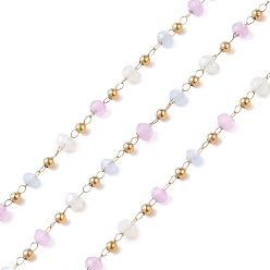 Perlas de Color Rosa Cadenas de cuentas de cristal hechos a mano, facetados, sin soldar, con 304 cadenas de acero inoxidable, dorado, rondo, rosa perla, 2~3x2~2.5 mm