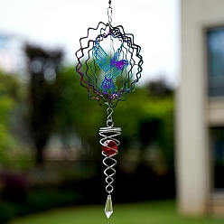 Bird Metal 3D Wind Spinner, with Glass Beads, for Outdoor Courtyard Garden Hanging Decoration, Rainbow Color, Bird, 150mm