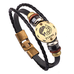 Pisces Braided Leather Cord Retro Multi-strand Bracelets, with Wood Beads, Hematite Beads and Alloy Findings, Flat Round,  Antique Bronze, Pisces, 8-1/4 inch(21cm)