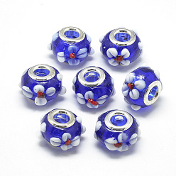 Bleu Perles européennes en lampwork faits à la main, lampwork bosselé, en laiton de platine noyaux doubles, Perles avec un grand trou   , Rondelle avec des fleurs, bleu, 16x14x10.5mm, Trou: 5mm