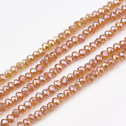 Coral Electroplate Transparent Glass Beads Strands, Faceted, Rondelle, Coral, 3x2mm, Hole: 0.5mm, about 150~155pcs/strand, 14.96 inch~15.35 inch(38~39cm)
