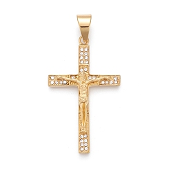 Oro Pascua 304 grandes colgantes de acero inoxidable, con diamantes de imitación de cristal, cruz crucifijo, dorado, 56x33.5x6.5 mm, agujero: 7.5x11.5 mm