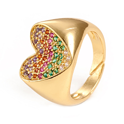 Золотой Регулируемые кольца манжеты из латуни с микропаве и кубическим цирконием, открытые кольца, сердце, красочный, золотые, Размер 7, внутренний диаметр: 17 мм
