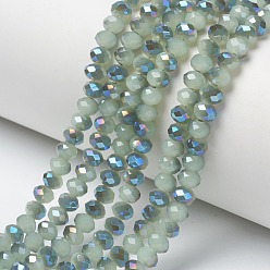 Dark Sea Green Electroplate Glass Beads Strands, Imitation Jade Beads, Half Plated, Blue Plated, Faceted, Rondelle, Dark Sea Green, 6x5mm, Hole: 1mm, about 85~88pcs/strand, 16.1~16.5 inch(41~42cm)