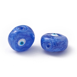Azul Perlas de vidrio, con esmalte, redondo plano con patrón de mal de ojo, azul, 14~14.5x9 mm, agujero: 1.2 mm
