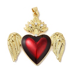 Red Rack Plating Brass Micro Pave Cubic Zirconia with Epoxy Resin Pendants, Cadmium Free & Lead Free, Real 18K Gold Plated, Long-Lasting Plated, Heart with Wing, Red, 37x38x5.5mm, Hole: 3mm