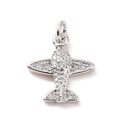 Platinum Brass Micro Pave Cubic Zirconia Charms, with Jump Ring, Plane Charm, Platinum, 14.5x13x3mm, Hole: 2.8mm