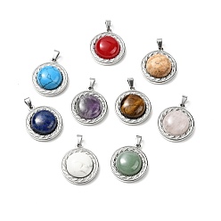 Mixed Stone Natural & Synthetic Mixed Gemstone Pendants, with Stainless Steel Color Tone 304 Stainless Steel Findings, Half Round Charm, Mixed Dyed and Undyed, 24.5x21x8mm, Hole: 3x6mm