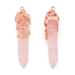 Quartz Rose Naturelle quartz rose a pendentifs, avec les accessoires en laiton, balle, or rose, 57~60x16mm, Trou: 8x5mm