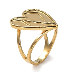 Настоящее золото 18K Ионное покрытие (IP) 304 Компоненты открытого манжетного кольца из нержавеющей стали, настройки кольца чашки безеля, сердце, реальный 18 k позолоченный, внутренний диаметр: 16.6 мм