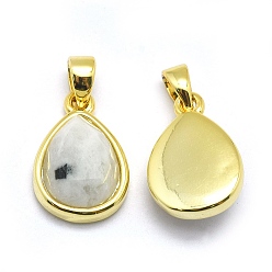 Rainbow Moonstone Natural Rainbow Moonstone Pendants, with Golden Tone Brass Findings, teardrop, Faceted, 14.5x9.5x5mm, Hole: 2.5x3.5mm