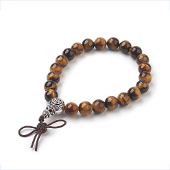 Œil De Tigre Bracelets extensibles en oeil de tigre rond naturel, avec des ensembles de perles d'alliage gourou, Emballage en toile de jute, argent antique, 2-1/8 pouce (5.5 cm), sac: 12x8.5x3cm