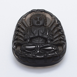 Obsidienne Pendentifs guan yin en obsidienne naturelle sculptée, déesse de la miséricorde, 58x45x11.5mm, Trou: 1.5mm