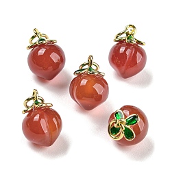 Natural Agate Natural Yan Yuan Agate Pendants, Peach Charms with Rack Plating Golden Tone Brass Enamel Findings, Long-Lasting Plated, 15x10mm, Hole: 3mm