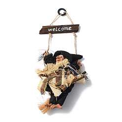 Black Halloween Flying Witch Cloth Hanging Decorations, with Wood Welcome Sign, for Ghost Festival Bar Decoration, Black, 312x130x33mm, Hole: 15mm