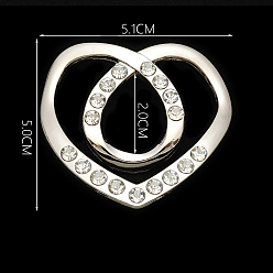 Silver Alloy Buckles, with Crystal Rhinestone, for Strap Belt, Heart, Silver, 50x51mm, Hole: 20mm