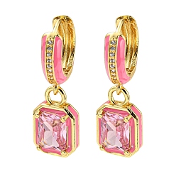 Pink Rack Plating Real 18K Gold Plated Brass Enamel Rectangle Dangle Hoop Earrings, with Cubic Zirconia, Lead Free & Cadmium Free, Pink, 28x9.5mm