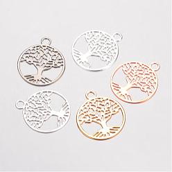 Mixed Color Brass Filigree Pendants, Flat Round with Tree of Life, Mixed Color, 23.5x20x0.5mm, Hole: 3mm