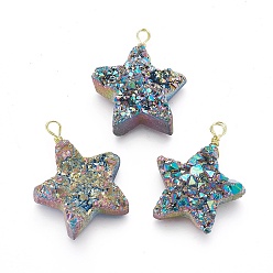 Multi-color Plated Electroplate Natural Druzy Quartz Pendants, with Brass Findings, Star, Golden, Multi-color Plated, 35~38x27~32x9~13mm, Hole: 3x3mm