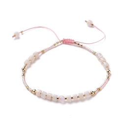 Pink Aventurine Adjustable Nylon Thread Braided Bead Bracelets, with Natural Pink Aventurine & Rose Quartz Beads, Brass Round Beads and Glass Seed Beads, 2-3/8~3-1/2 inch(5.9~8.8cm)