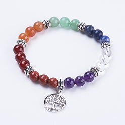 Antique Silver Natural Gemstone Stretch Bracelets, with Alloy Findings and Brass Pendants, Flat Round with Tree of Life, Antique Silver, 55mm