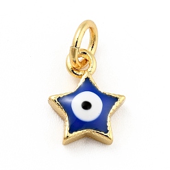Azul Medio Colgantes de esmalte de latón chapado en rack, con anillos de salto, sin plomo y cadmio, real 18 k chapado en oro, estrella con mal de ojo, azul medio, 9.5x7.5x2.6 mm, agujero: 3 mm