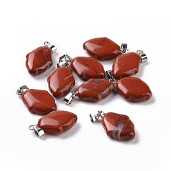 Jaspe Rouge Pendentifs naturels de jaspe rouge, charmes de main hamsa, avec bélières en alliage plaqué platine, 24~24.5x15x7mm, Trou: 5.5x3mm