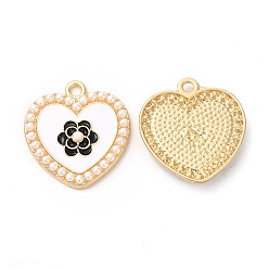 White Alloy Enamel Pendants, with ABS Plastic Imitation Pearl Bead, Cadmium Free & Nickel Free & Lead Free, Golden, Heart with Flower Charm, White, 23x21.5x3mm, Hole: 2mm