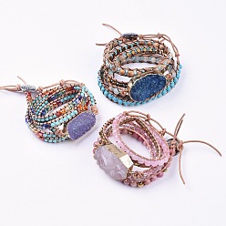 Mixed Material Five Loops Leather Warp Bracelets, with Natural & Synthetic Mixed Stone, Glass Beads and Alloy Findings, 31.1 inch~35.8 inch(79~91cm), 7~10mm