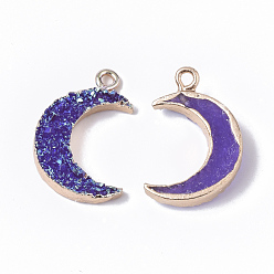 Indigo Druzy Resin Pendants, with Edge Light Gold Plated Iron Loops, AB Color Plated, Moon, Indigo, 23~24x15.5x5mm, Hole: 1.8mm