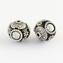 Black Handmade Indonesia Round Beads, with Glass Cabochons and Antique Silver Metal Color Double Alloy Cores, Black, 14~15x15~16mm, Hole: 2mm