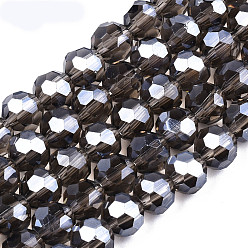 Dark Olive Green Electroplate Glass Bead Strands, Pearl Luster Plated, Faceted(32 Facets), Round, Gray, 8x7mm, Hole: 1mm, 72pcs/strand, 21.2 inch