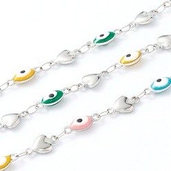 Mixed Color 304 Stainless Steel Enamel  Link Chains, Evil Eye & Heart Link, Unwelded, with Spool, Stainless Steel Color, Mixed Color, Evil Eye: 11x4x3mm, Heart: 10x6x2mm,  16.4 Feet(5m)/roll