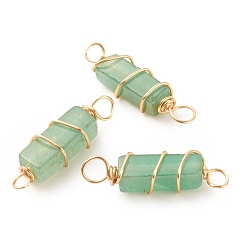 Green Aventurine Natural Green Aventurine Connector Charms, with Golden Tone Copper Wire Wrapped, Cuboid, 22~23.5x6~7x5.5~6mm, Hole: 2.5~3.2mm