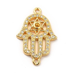 Real 18K Gold Plated Eco-Friendly Rack Plating Brass Micro Pave Clear Cubic Zirconia Connector Charms, Lead Free & Cadmium Free, Long-Lasting Plated, Religion Hamsa Hand Links, Real 18K Gold Plated, 24x16x3mm, Hole: 1.2~1.4mm